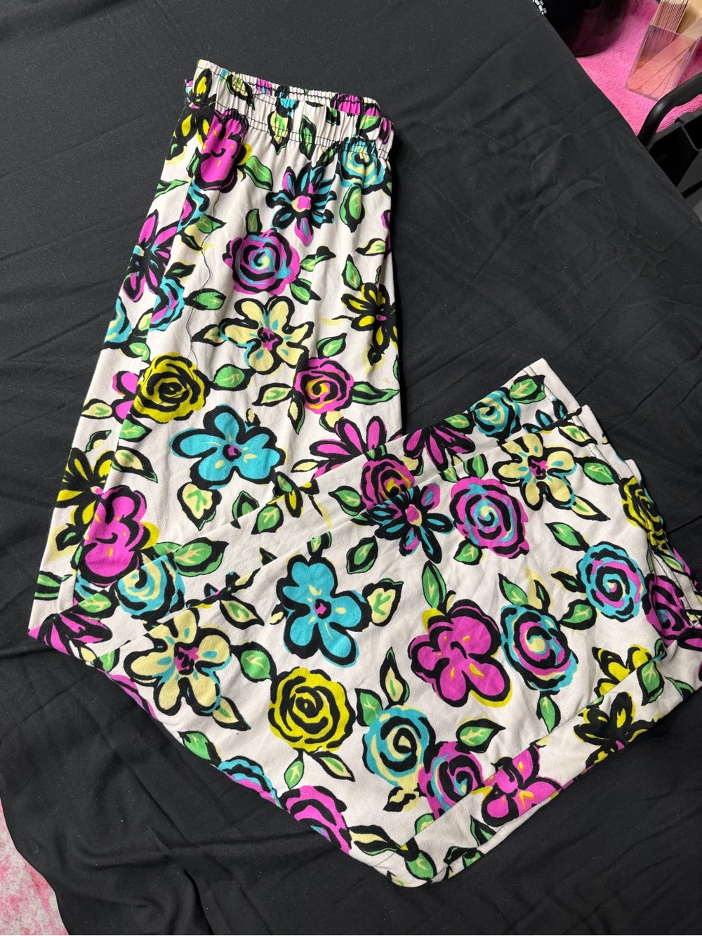 Floral Print Women's Pajama Pants - White with Pink, Blue & Yellow Flowers
